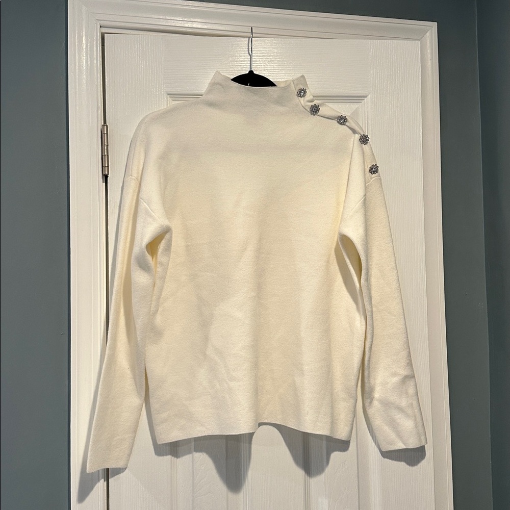 Tahari Cream Turtleneck Sweater with Button Detail